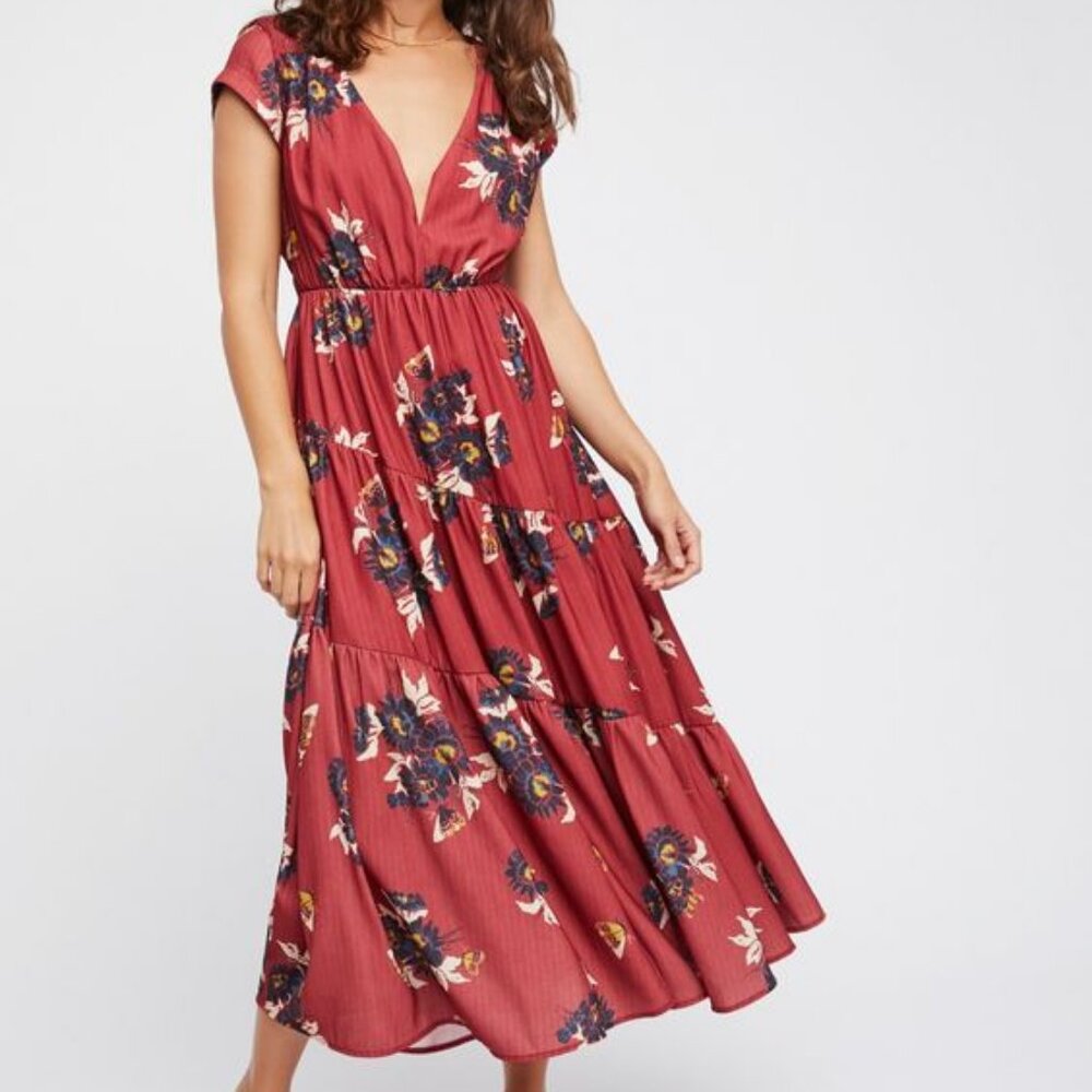 Free People All I Got Maxi Dress Red Combo size 2 ruffle floral